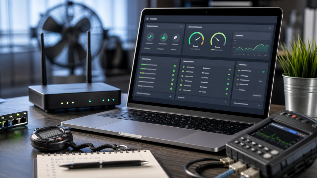 Ultra photorealistic website speed testing desk hero image for A2 Hosting review