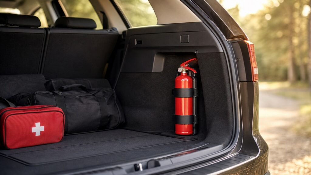 automotive fire extinguishers shopping setup for family vehicle safety with practical vehicle-focused details