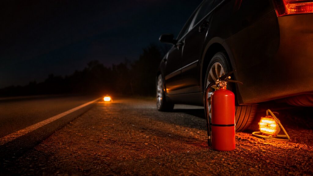 automotive fire extinguishers shopping setup for nighttime breakdown scenarios with practical vehicle-focused details