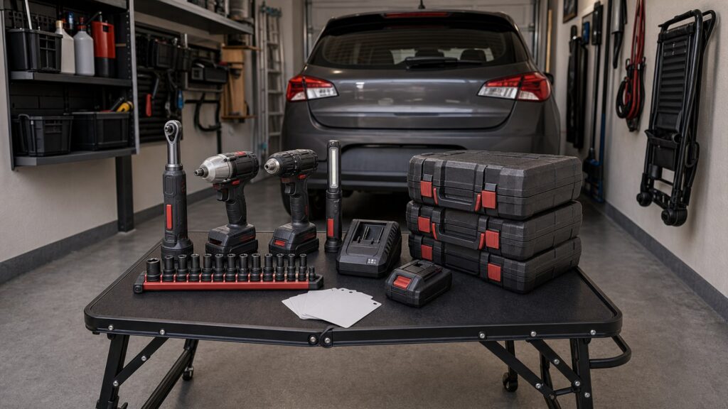 automotive power tools shopping setup for space-saving garage setups with practical vehicle-focused details