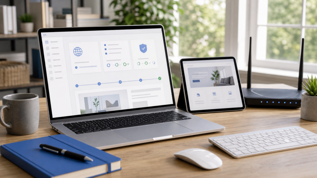 Ultra photorealistic website launch desk hero image for Bluehost WordPress Hosting review
