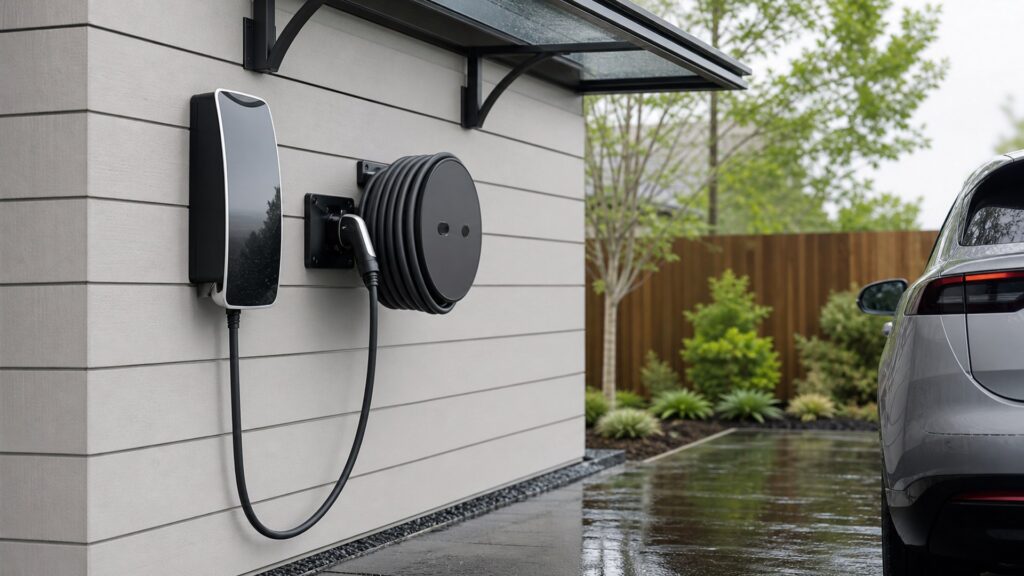 cable organizer reels shopping setup for outdoor charging installations with practical vehicle-focused details