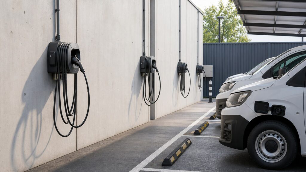 cable organizer reels shopping setup for public and fleet charging with practical vehicle-focused details