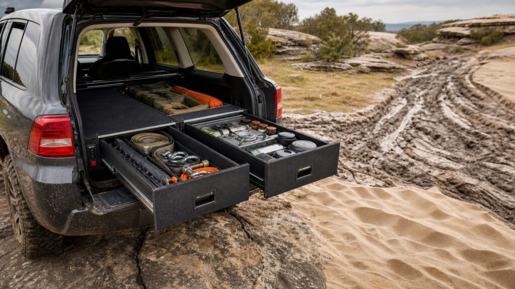 camping drawer systems shopping setup for rock, mud, and sand terrain with practical vehicle-focused details