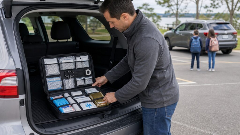 car first aid kits shopping setup for family vehicle safety with practical vehicle-focused details