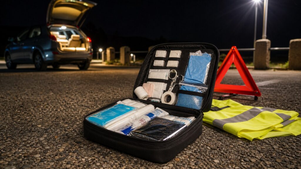 car first aid kits shopping setup for nighttime breakdown scenarios with practical vehicle-focused details