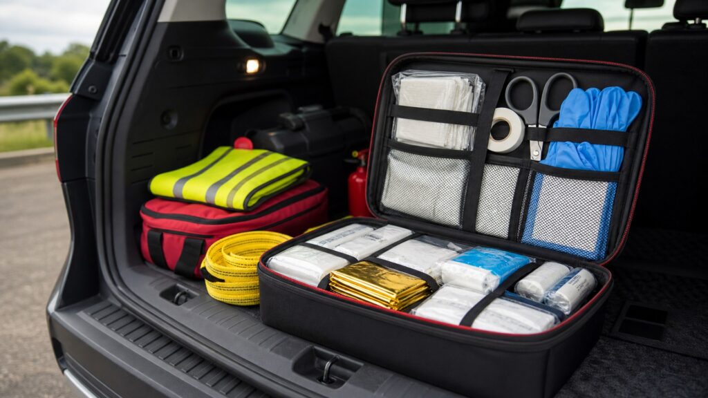 car first aid kits shopping setup for roadside emergency kits storage and access with practical vehicle-focused details