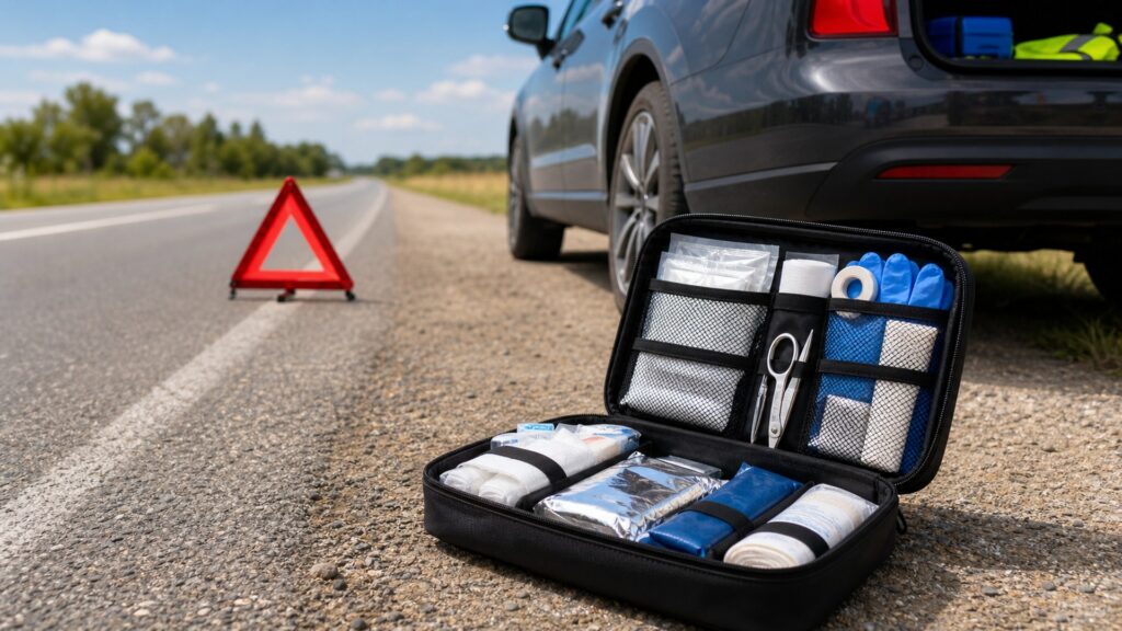 car first aid kits shopping setup for roadside emergency prep with practical vehicle-focused details