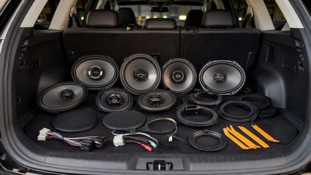 car speakers shopping setup for road trip technology needs with practical vehicle-focused details