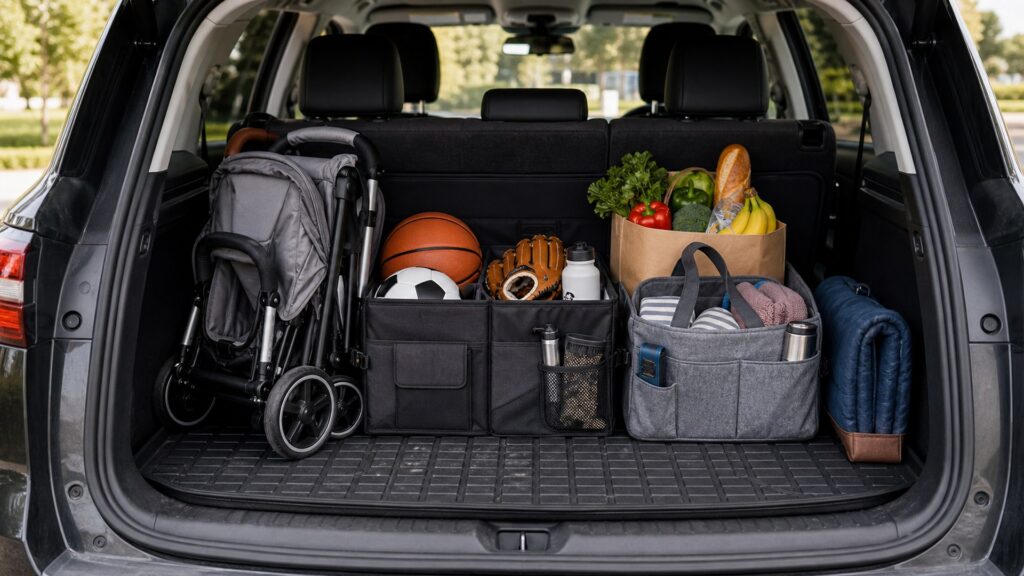 cargo mats shopping setup for family vehicle organization with practical vehicle-focused details