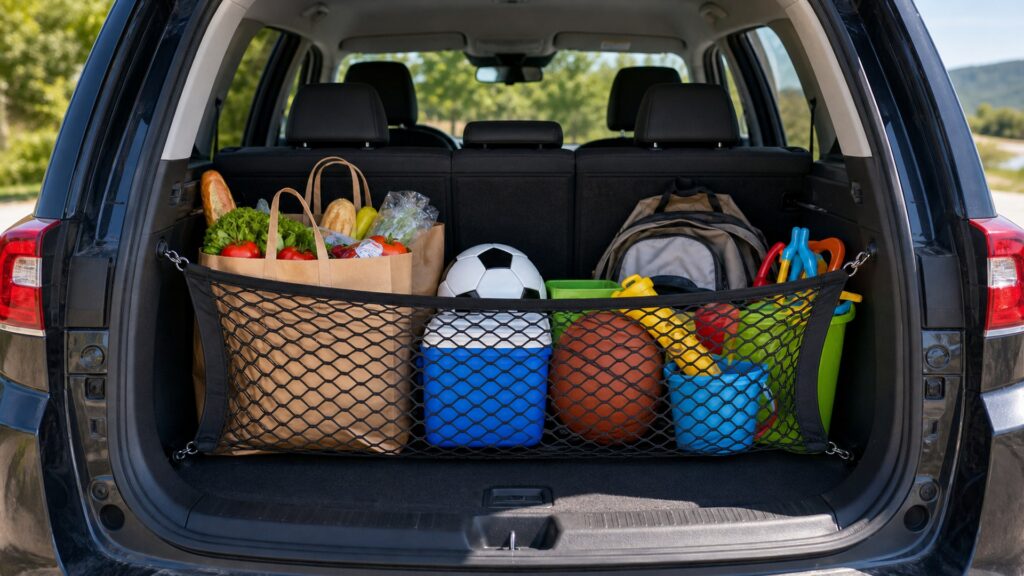 cargo storage nets shopping setup for family vehicle organization with practical vehicle-focused details