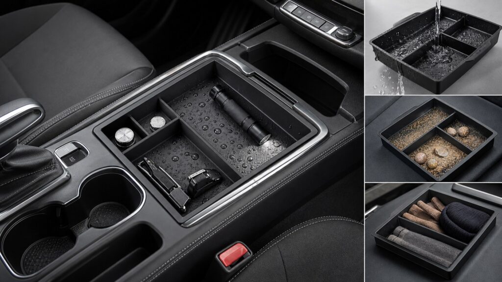 center console organizers shopping setup for all-weather interior use with practical vehicle-focused details
