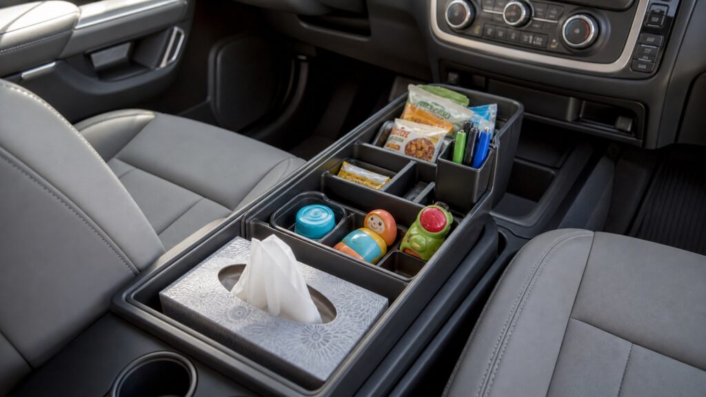 center console organizers shopping setup for family vehicle organization with practical vehicle-focused details