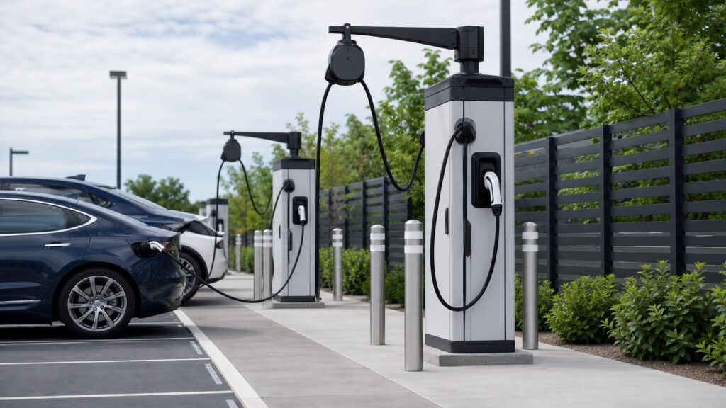 commercial ev charging stations shopping setup for charging cable management with practical vehicle-focused details