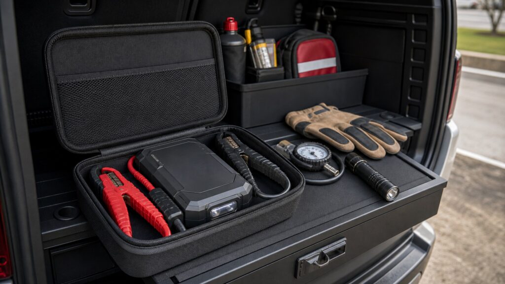 compact jump starters shopping setup for jump starters storage and access with practical vehicle-focused details
