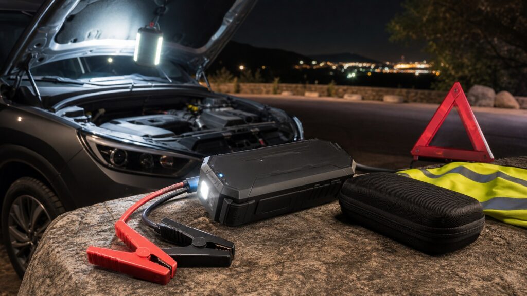 compact jump starters shopping setup for nighttime breakdown scenarios with practical vehicle-focused details