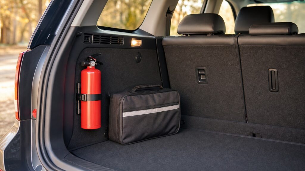compact vehicle fire extinguishers shopping setup for family vehicle safety with practical vehicle-focused details