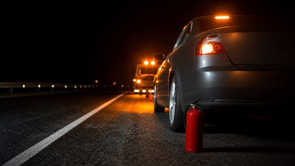 compact vehicle fire extinguishers shopping setup for nighttime breakdown scenarios with practical vehicle-focused details
