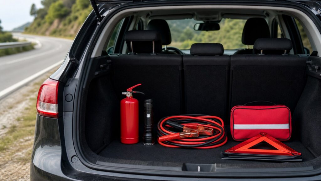 compact vehicle fire extinguishers shopping setup for roadside emergency prep with practical vehicle-focused details