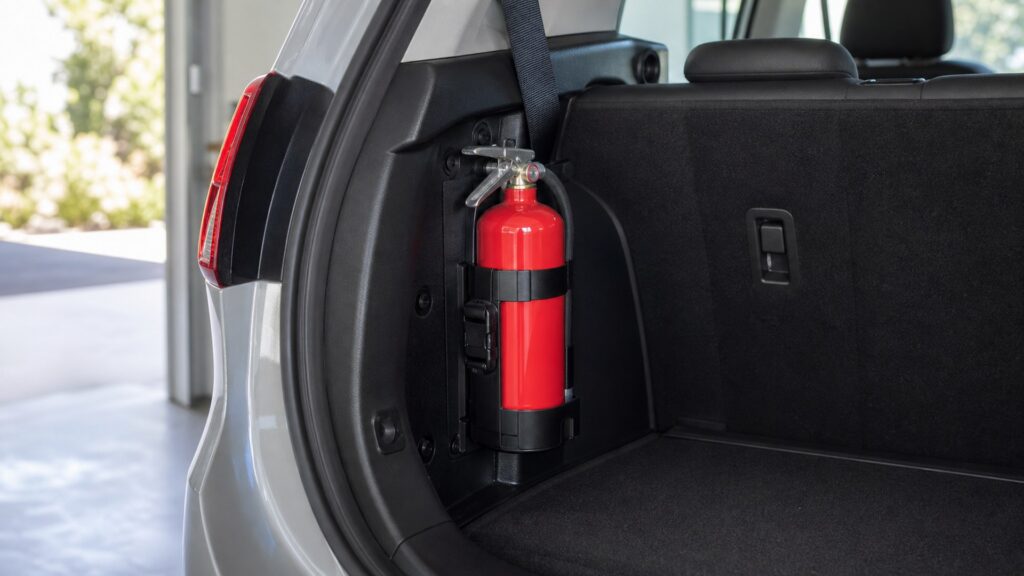 compact vehicle fire extinguishers shopping setup for vehicle fire safety storage and access with practical vehicle-focused details