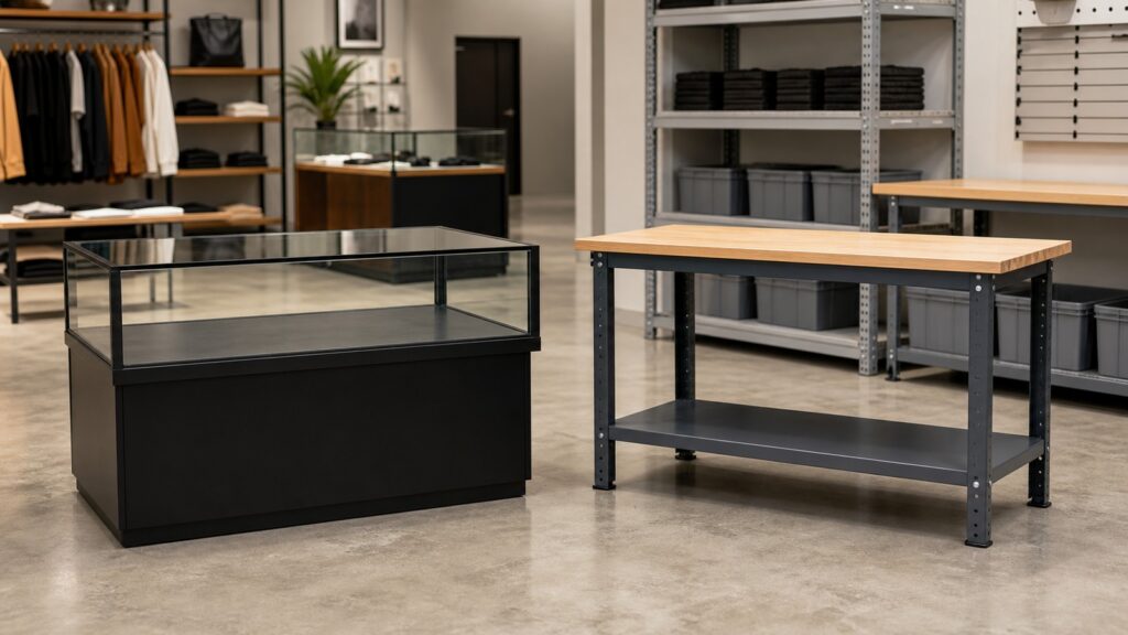Displays2go DMPED46BK Display Table vs Uline H-3788 Packing Table business comparison image