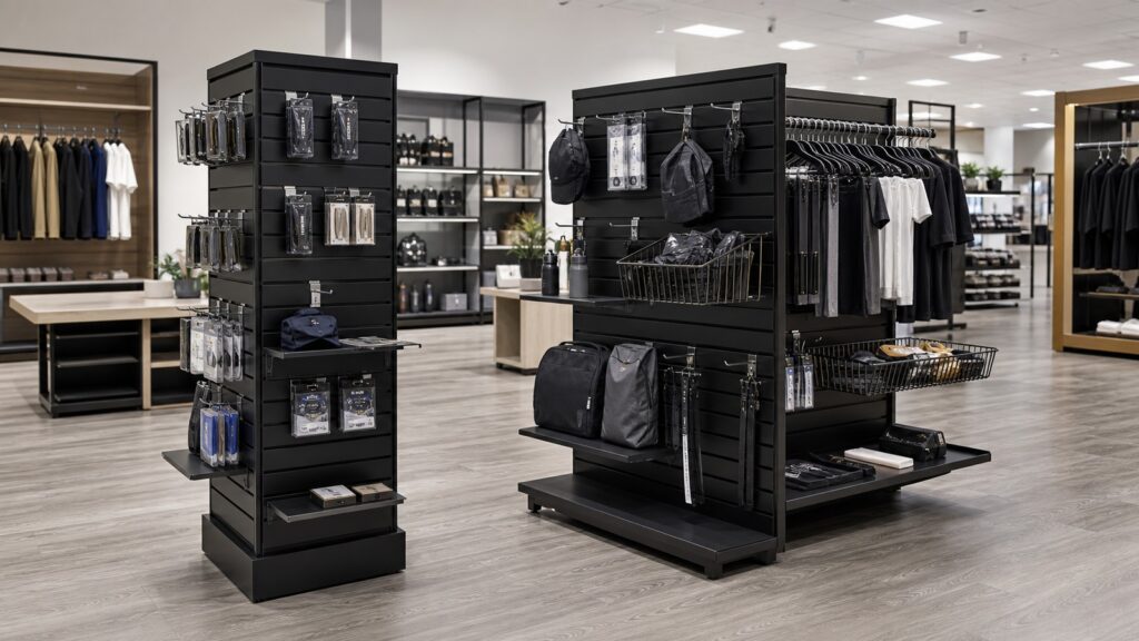 Displays2go Slatwall Display Tower vs Only Hangers Slatwall Gondola Display business comparison image