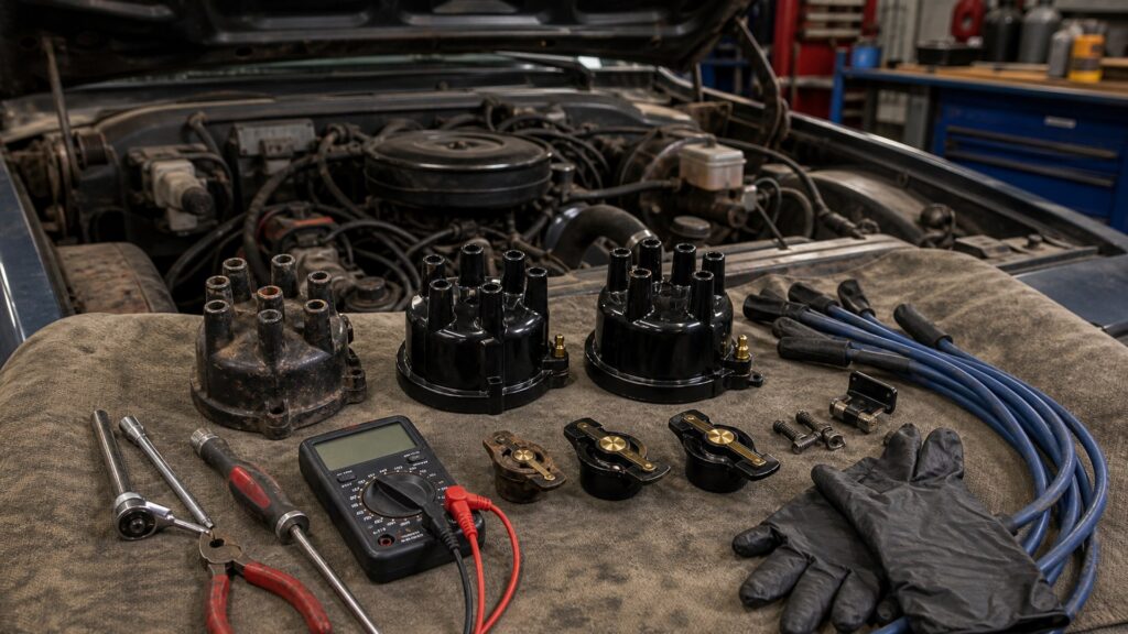 distributor caps shopping setup for high-mileage vehicle repairs with practical vehicle-focused details