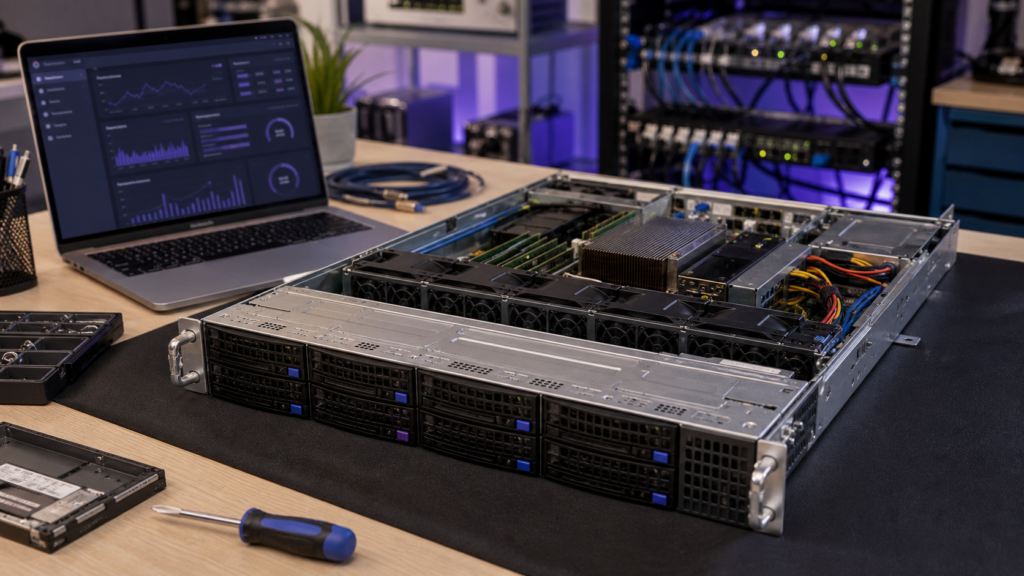 Ultra photorealistic dedicated server provisioning bench hero image for DreamHost Dedicated Server Hosting review