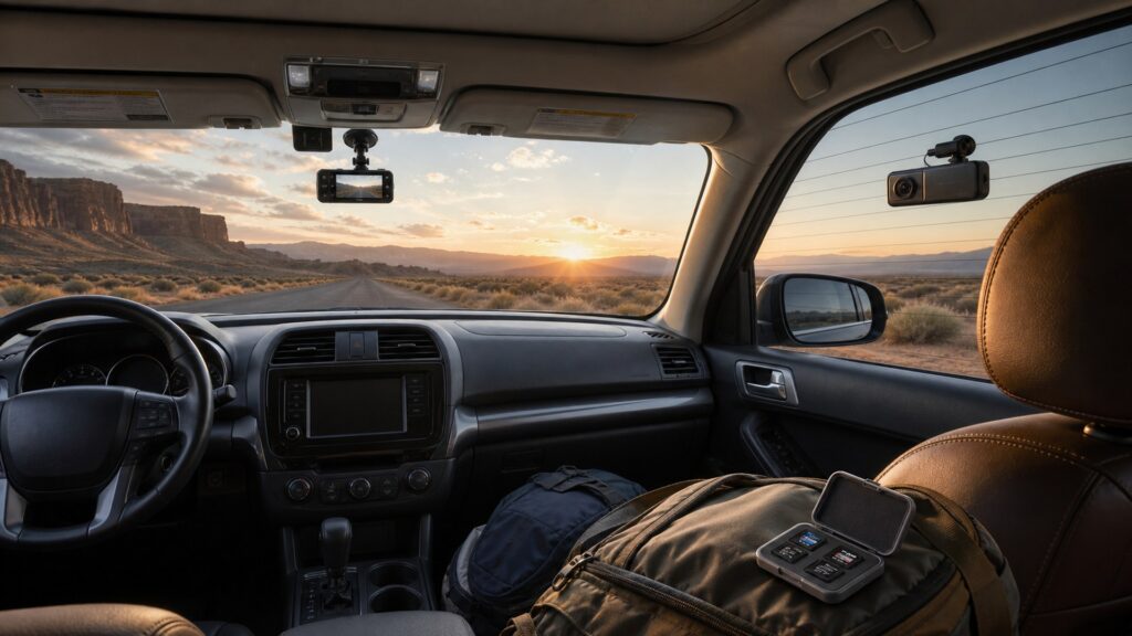 dual-channel dash cameras shopping setup for road trip technology needs with practical vehicle-focused details