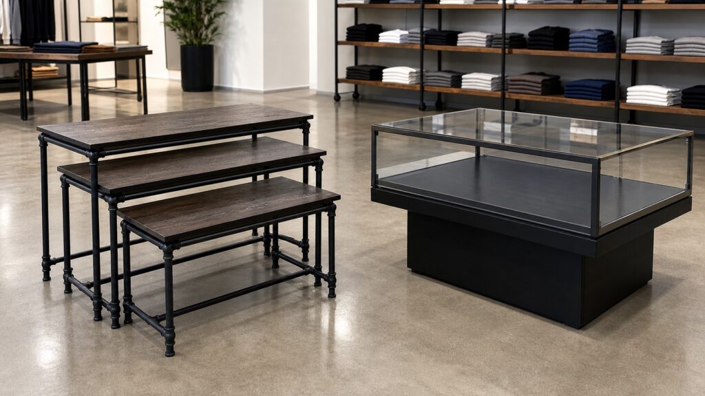Econoco Pipeline Nesting Table vs Displays2go DMPED46BK Display Table business comparison image
