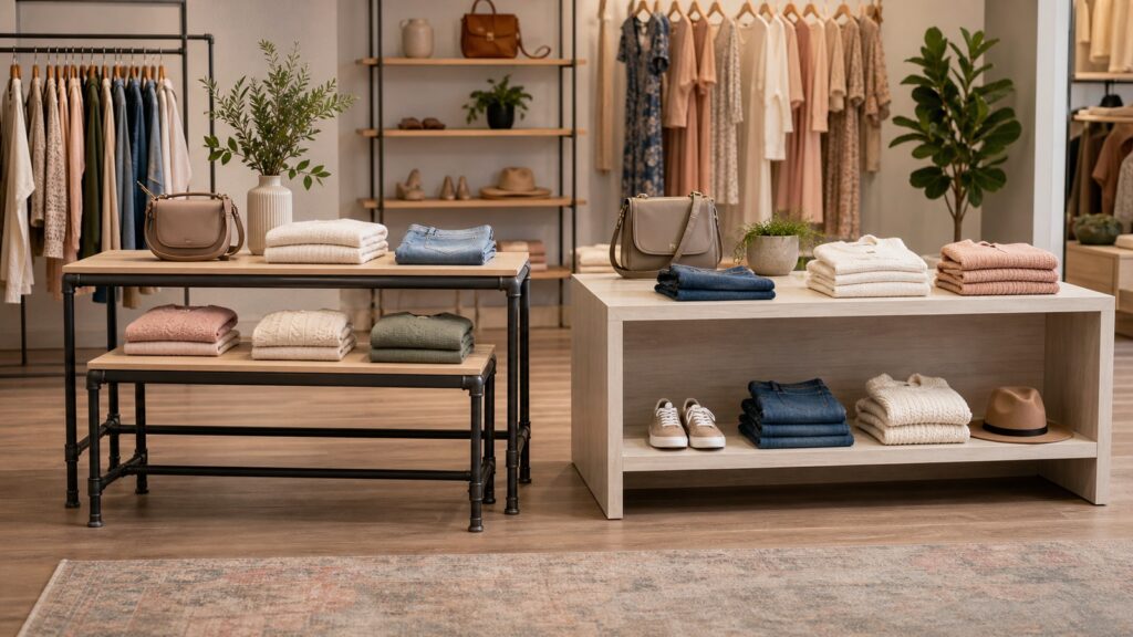 Econoco Pipeline Nesting Table vs Store Supply Warehouse Melamine Display Table business comparison image