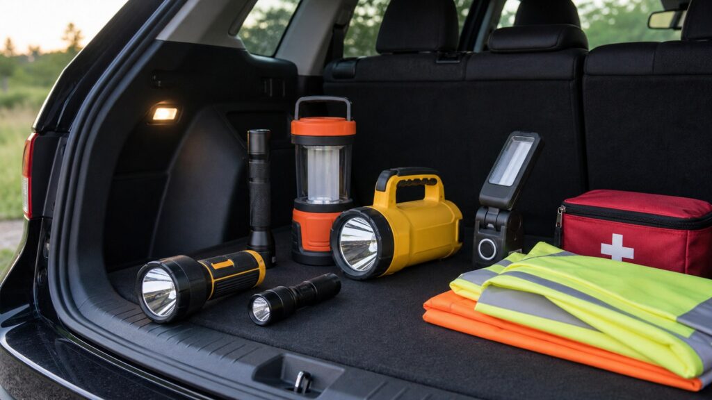 emergency flashlights shopping setup for family vehicle safety with practical vehicle-focused details