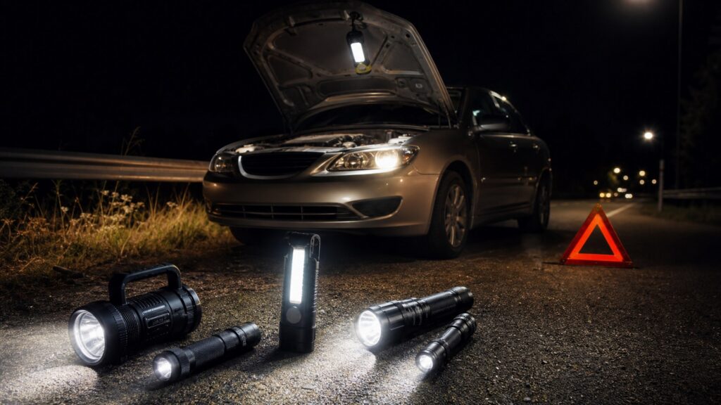 emergency flashlights shopping setup for nighttime breakdown scenarios with practical vehicle-focused details