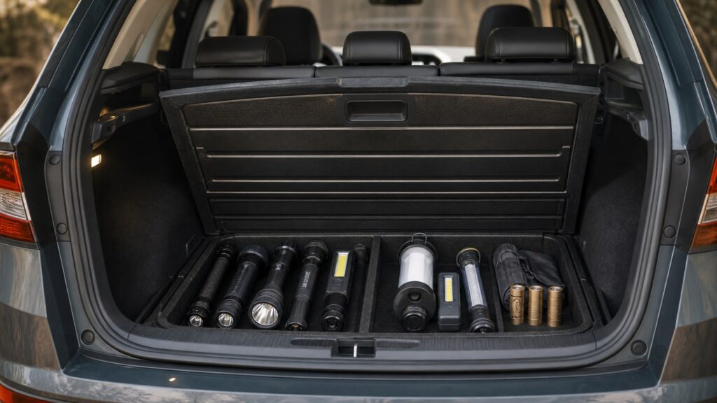 emergency flashlights shopping setup for safety lighting storage and access with practical vehicle-focused details