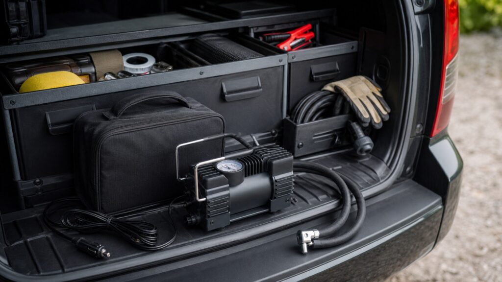 emergency tire inflators shopping setup for emergency tire repair storage and access with practical vehicle-focused details