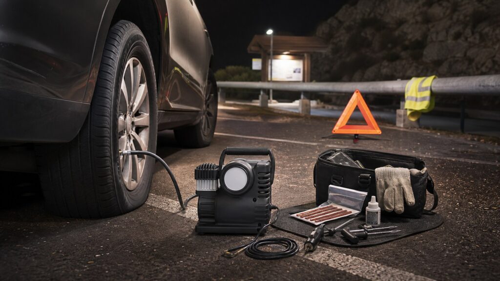 emergency tire inflators shopping setup for nighttime breakdown scenarios with practical vehicle-focused details