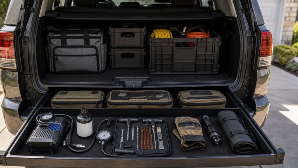 emergency tire repair shopping setup for emergency tire repair storage and access with practical vehicle-focused details