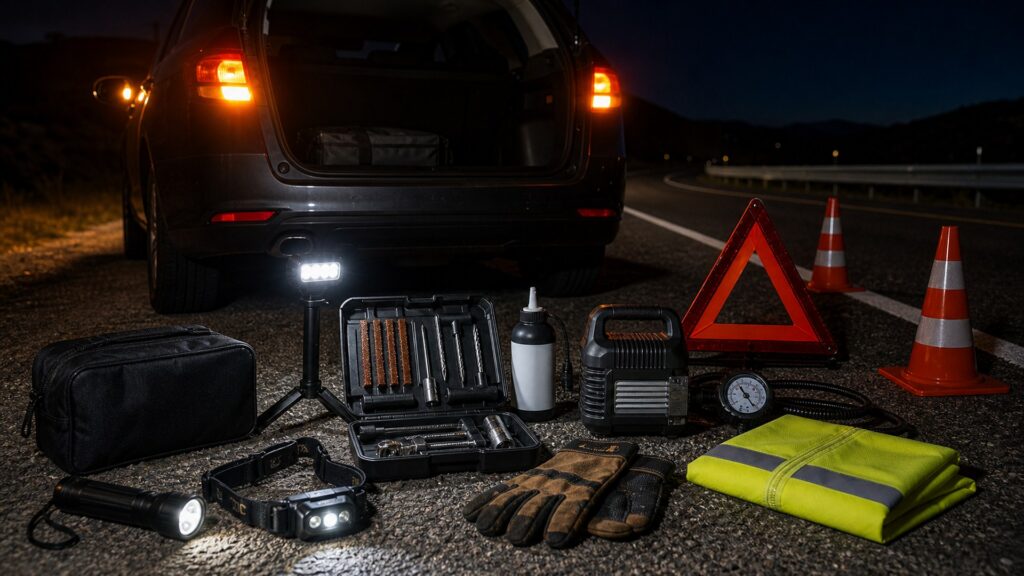 emergency tire repair shopping setup for nighttime breakdown scenarios with practical vehicle-focused details