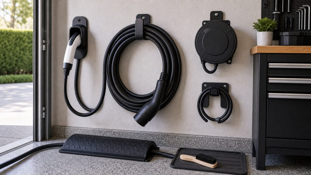ev charging accessories shopping setup for charging cable management with practical vehicle-focused details