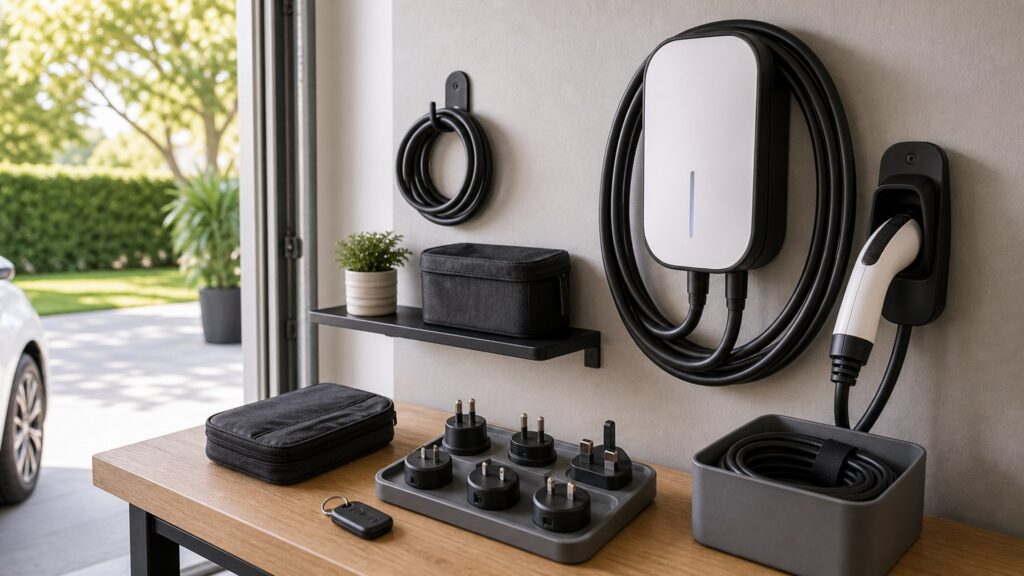 ev charging accessories shopping setup for home charging setup with practical vehicle-focused details