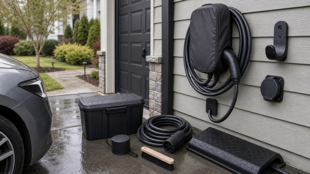 ev charging accessories shopping setup for outdoor charging installations with practical vehicle-focused details