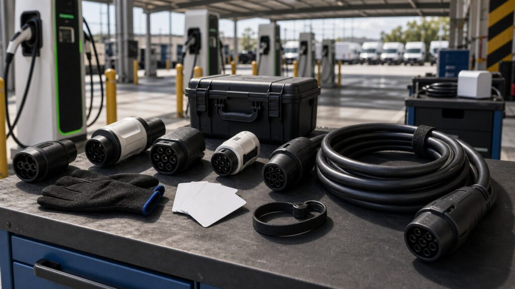 ev charging accessories shopping setup for public and fleet charging with practical vehicle-focused details
