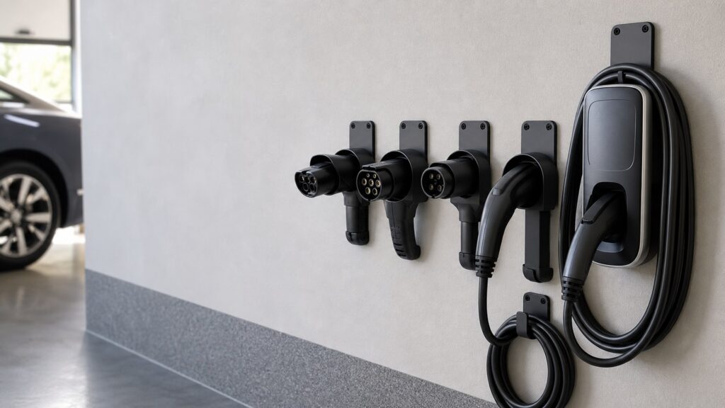 ev charging adapters shopping setup for charging cable management with practical vehicle-focused details