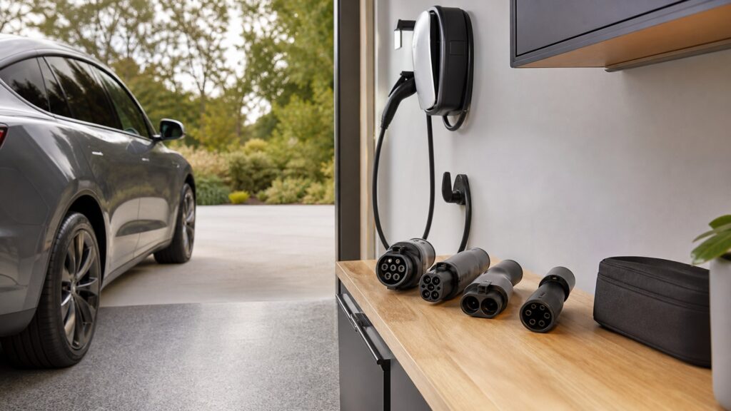 ev charging adapters shopping setup for home charging setup with practical vehicle-focused details