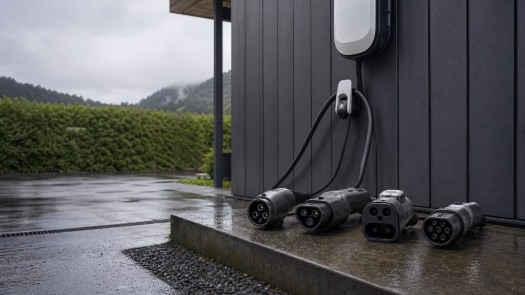 ev charging adapters shopping setup for outdoor charging installations with practical vehicle-focused details