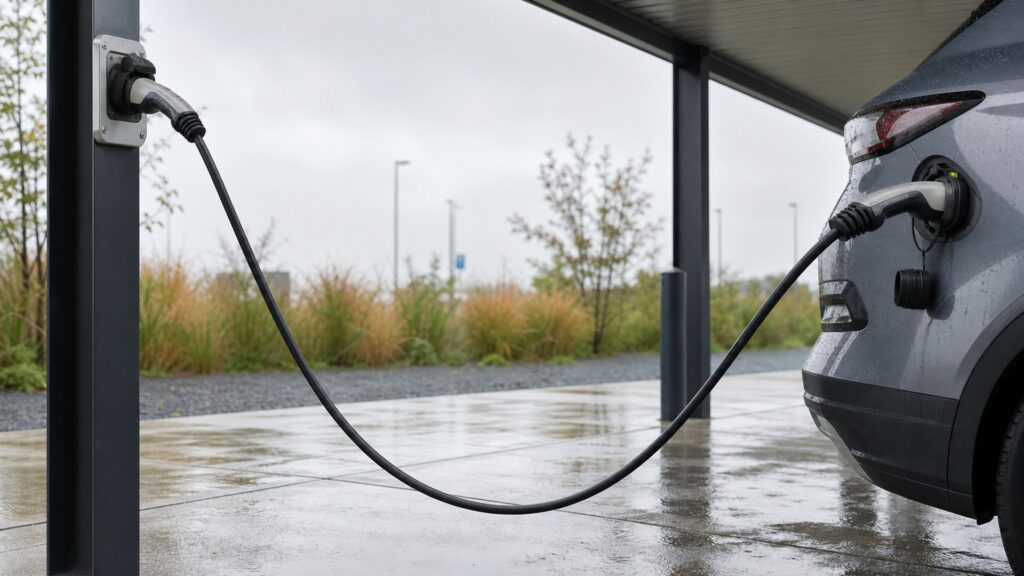 ev charging extension cables shopping setup for outdoor charging installations with practical vehicle-focused details