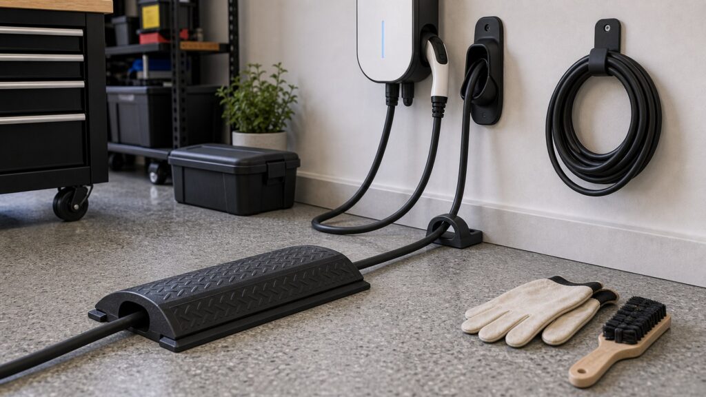 ev charging safety shopping setup for charging cable management with practical vehicle-focused details