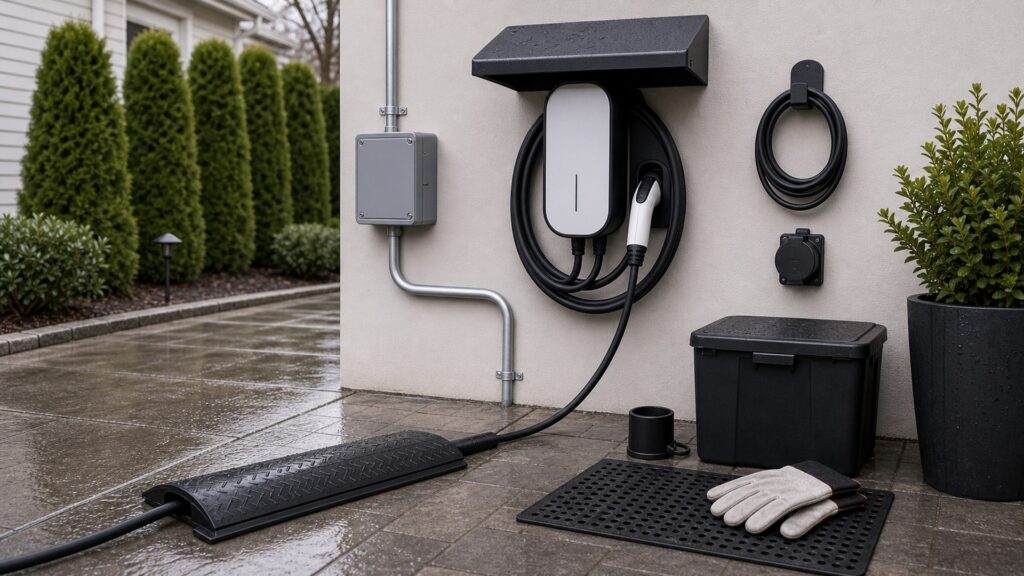 ev charging safety shopping setup for outdoor charging installations with practical vehicle-focused details