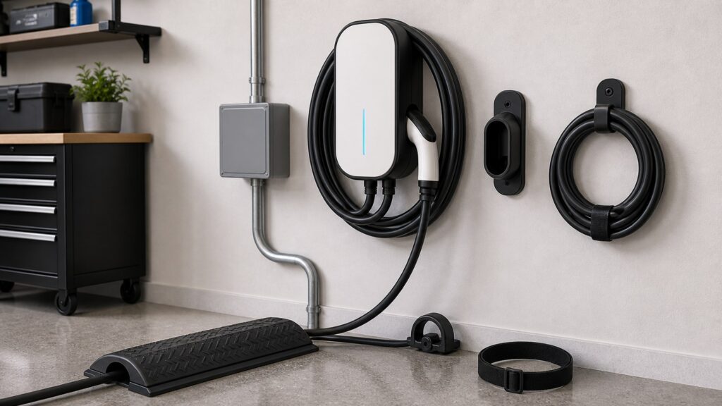 ev charging stations shopping setup for charging cable management with practical vehicle-focused details