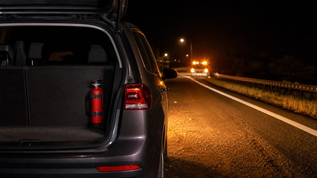 fire extinguisher mounts shopping setup for nighttime breakdown scenarios with practical vehicle-focused details